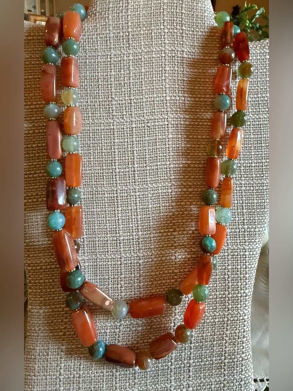 Vintage Beggar Bead Necklace polished orange carnelian and Green Agate Statement
